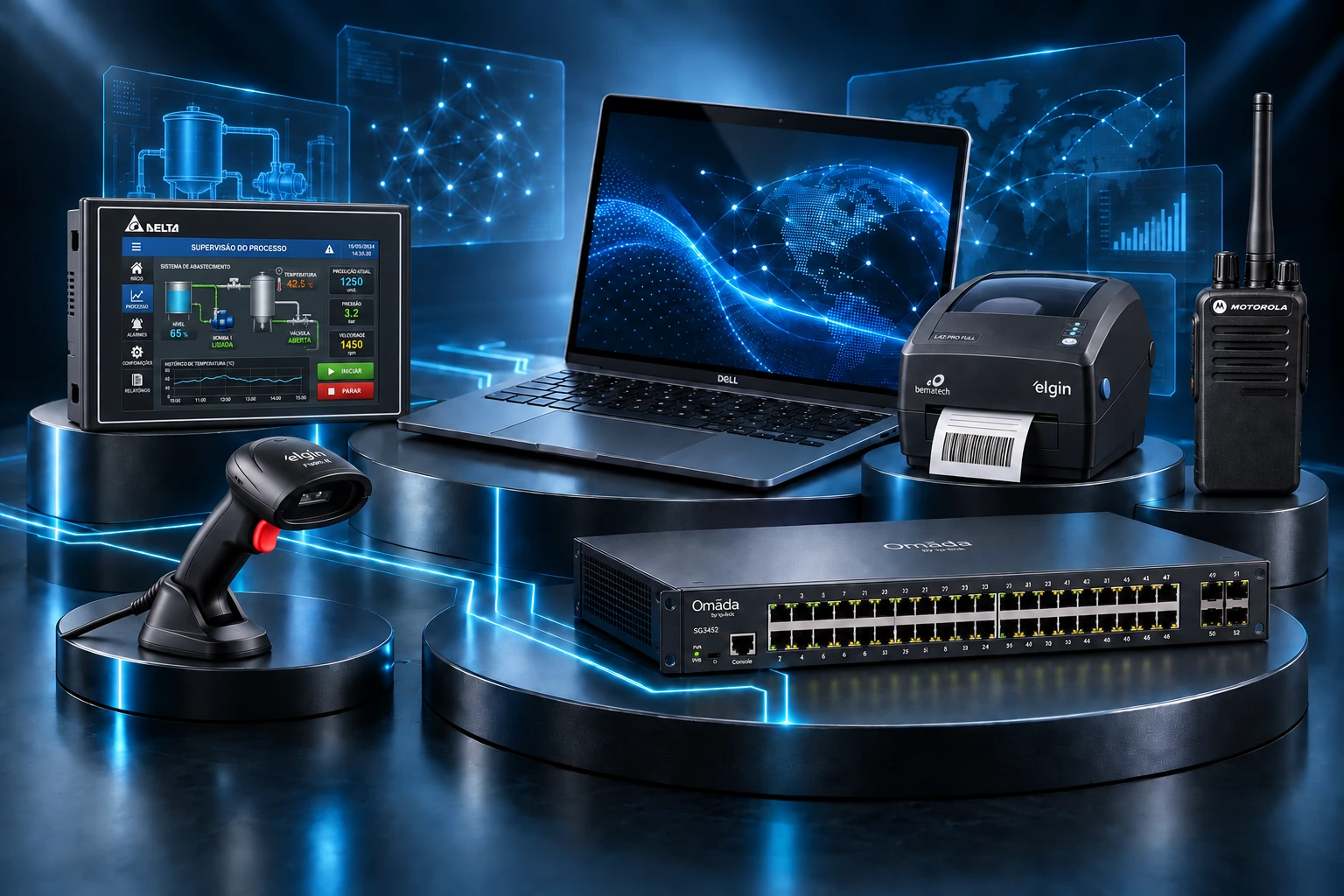 Ilustração gerada por IA de notebook Dell, IHM Delta, leitor e impressora Elgin, rádio Motorola e switch TP-Link Omada conectados por circuitos luminosos