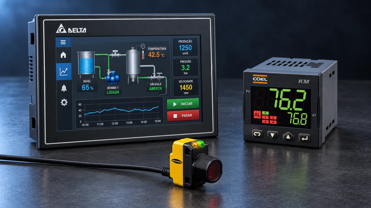 Ilustração gerada por IA de IHM Delta, sensor fotoelétrico Banner e controlador de temperatura e processo Coel, baseada nas referências fornecidas